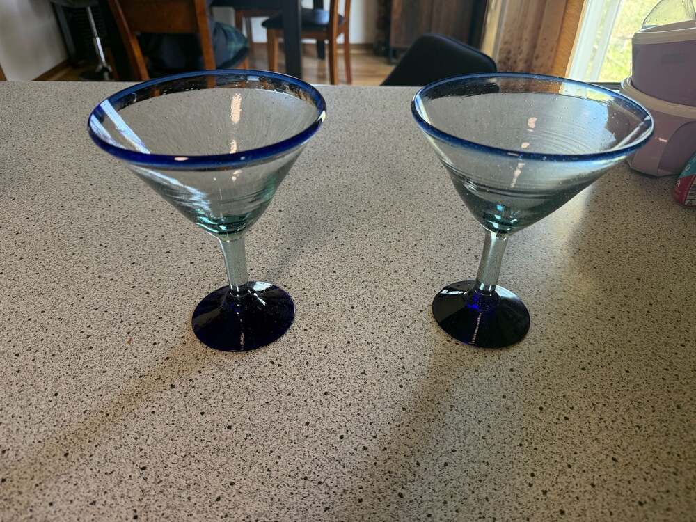 Set of 2 Hand Blown Mexican Margarita Martini Glasses w/ Cobalt Blue Rim n Base